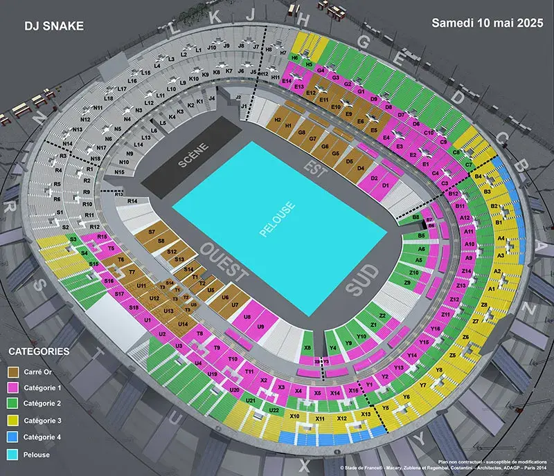 Plan de salle concert DJ SNAKE le samedi 10 mai 2025 au Stade de France